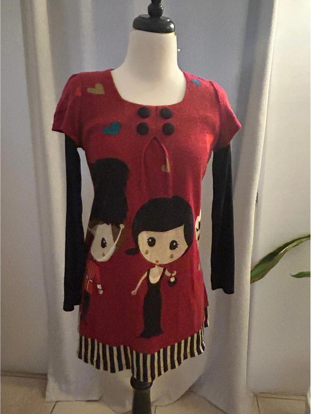 Kapop Korea Kawaii Doll Red Tunic Dress XS/S Rare Appliqué Hearts Black Sleeves